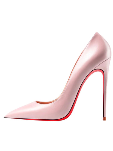 Luxury pink matte high heel shoes with red bottoms against a white background.